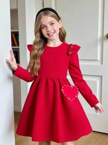 Cute Red Autumn Knit Dress For Tween Girls,Featuring Puff Sleeves,Ruffle Shoulders,And Heart-Shaped Backpack,Elegant For Christmas Events And Party - Red - View 1
