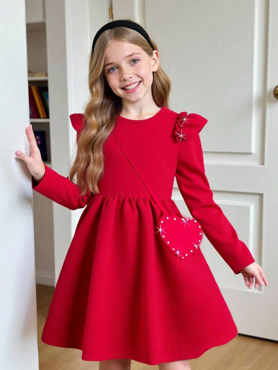 Cute Red Autumn Knit Dress For Tween Girls,Featuring Puff Sleeves,Ruffle Shoulders,And Heart-Shaped Backpack,Elegant For Christmas Events And Party - Red - View 1