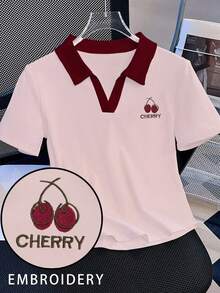 INAWLY Kaos Polo Lengan Pendek Kasual Wanita dengan Motif Huruf dan Ceri Warna Kontras - Baby Pink - View 3