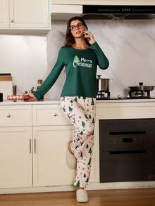 CoupledUp Doze Lane Christmas Element Print Long Sleeve Top & Pants Pajama Set For Women Christmas Pajamas Women Women's Pj Sets Loungewear Women Set, Fall Winter Clothes - Army Green - View 5