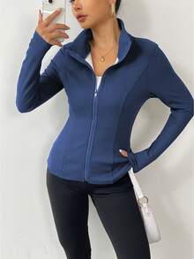 SHEIN LUNE Women's Solid Color Minimalist Everyday Zip-Up Jacket - Navy Blue - View 4