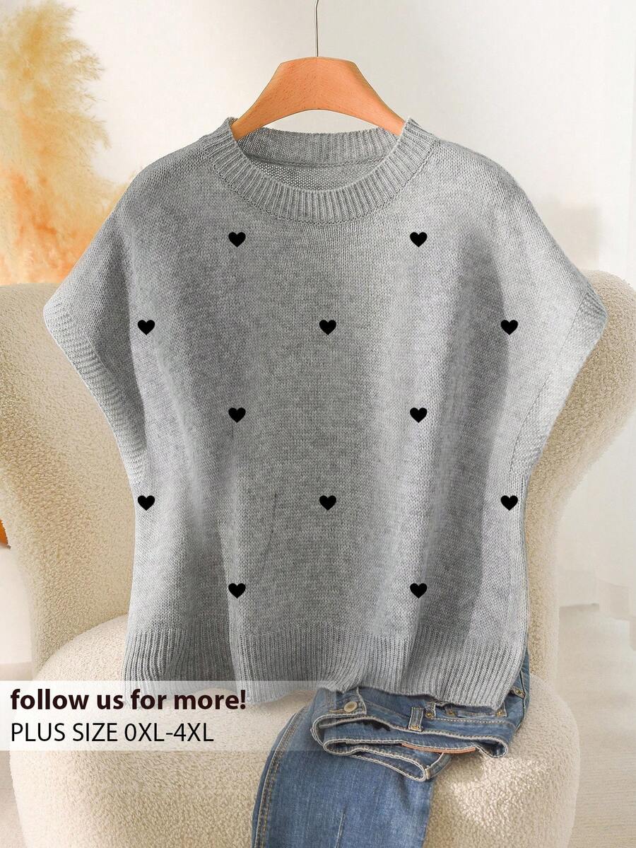 CosyJoli Femmes grande taille Tricot décontracté à col rond avec motif cœur, Automne/Hiver - Gris - Voir 1