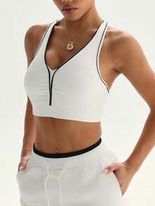 Dewbera Sutien sport pentru femei cu panou frontal încrețit, bretele contrastante, perne detașabile, design răsucit la spate, potrivit pentru ținute casual zilnice, alergare, yoga, sală de sport, tenis, golf și alte activități