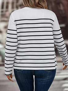 EMERY ROSE 全新大码女式时尚心形条纹印花纽扣袖口长袖T恤 - 彩色 - 查看 2