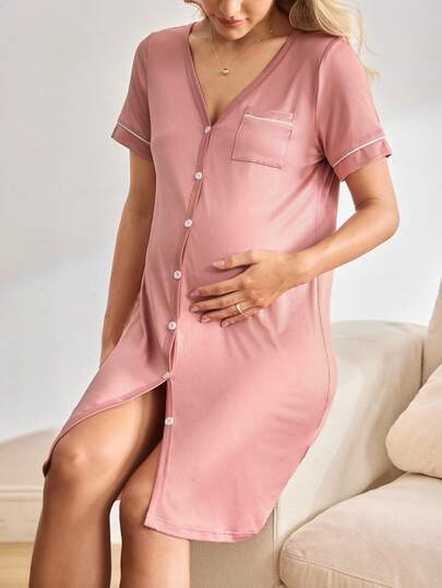 Moonlight&Mama Vestido de maternidad para estar en casa - Vestido de manga corta hasta la rodilla