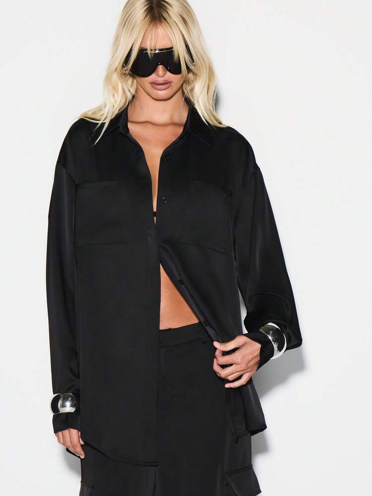 KIZN Oversized Satin Button Down Shirt