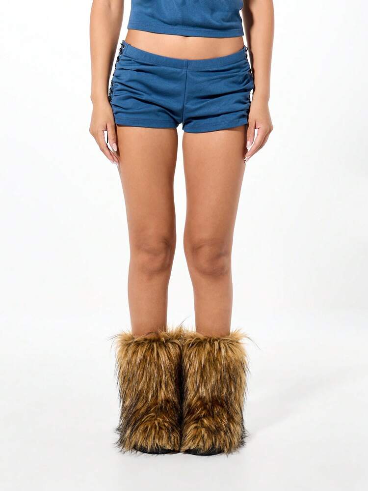 SUMWON Ruched Side Lace-Up Jersey Booty Shorts With USA Print Detail Festival Fashion