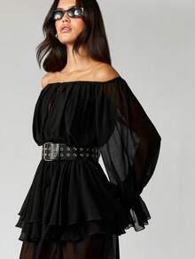 MISSGUIDED Off Shoulder Chiffon Maxi Dress With Belt Ruffle Long Sleeves Black Gothic Festival Wear - Black - View 5