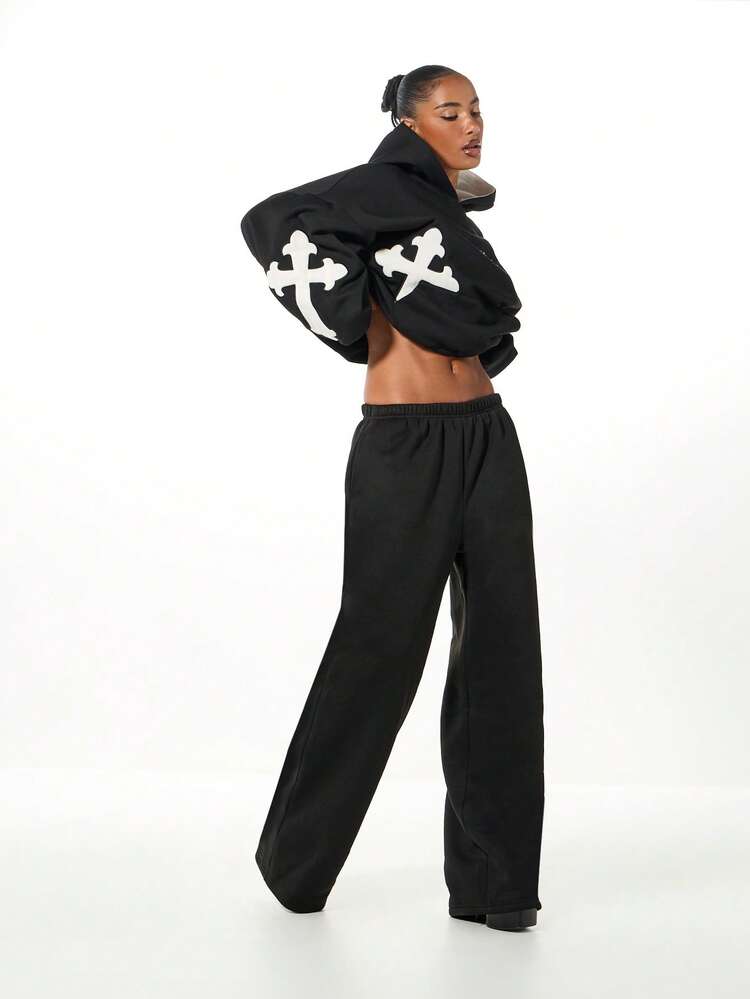 SUMWON WOMEN Pantalon de survêtement ample à jambe large et imprimé croisé