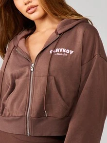 Missguided x Playboy Cropped Zip Through Hoodie With Drawstring And Centre Pocket For Casual Streetwear - Coffee Brown - View 6