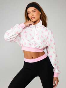 Missguided x Playboy Bunny Print Cropped Sweatshirt Long Sleeve Quarter Zip Pullover Casual Streetwear Spring Fall Winter Fashion - White - View 4