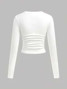 SHEIN Girlism Teen Girls Buy 1 Get 2 Free 3pcs/Set Black, Grey, White Solid Color Minimalist Round Neck Waist Ruched Long Sleeve T-Shirts, Casual Minimalist Design With Logo Print Detail