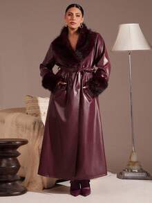 SHEIN BAE Women's Fashionable Long Leather Jacket For Commuting, Autumn/Winter Burgundy - Burgundy - View 7