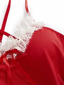 2件套圣诞褶饰蕾丝蝴蝶结露背性感开裆紧身衣内衣套装