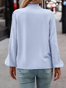 EMERY ROSE 女式纯色系带领灯笼袖仿珍珠装饰优雅衬衫 - 淺藍色 - 查看 2