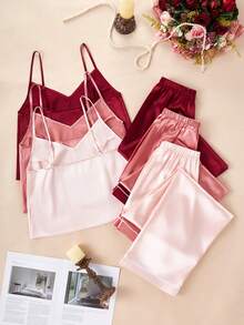 SHEIN 6pcs Solid Color Faux Silk Camisole & Pants Set - Multicolor - View 2