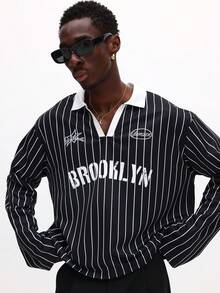 SUMWON Brooklyn 条纹长袖 Polo 衫，白色领子细节，休闲款 - 黑色 - 查看 6