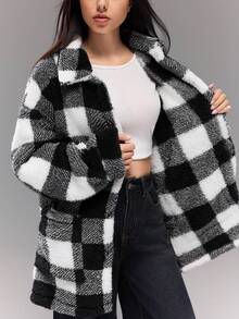 Sparklyn 少女休闲秋冬经典黑白格子毛绒宽松衬衫风格学院风夹克 - 黑與白 - 查看 7