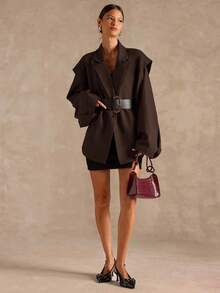 SHEIN BAE بليزر نسائي بأكمام جرس ذو لون أحادي، مناسب للعمل - قهوة بني - مشاهدة 3