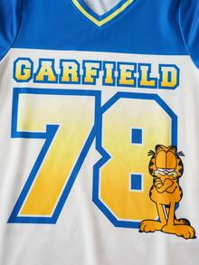 GARFIELD | SHEIN 青少年男孩数字和字母图案拼色宽松 V 领长袖 T 恤 - 藍色 - 查看 3