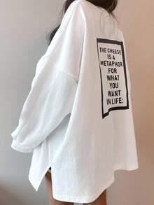 DAZY 标语图案落肩开衩超大 T 恤，奶酪是生活中你想要的东西的隐喻，回到学校服装长袖女式上衣