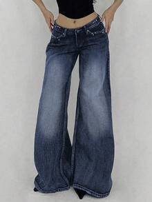DAZY Women's Casual Washed Low Waist Wide Leg Jeans Y2k - Blue - View 4