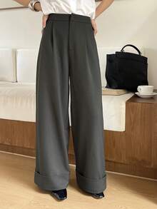 DAZY Women's Loose Wide Leg Pants With Cuffed Hem, Casual & Formal, Autumn/Winter - Grey - View 3
