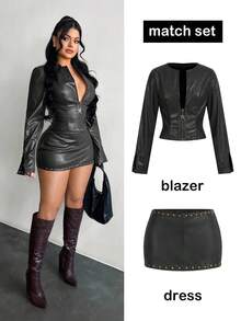 SHEIN SXY Y2K铆钉装饰超低腰PU皮迷你裙，铆钉皮革，性感黑色，适合女性，黑色夜店裙 - 灰色 - 查看 6