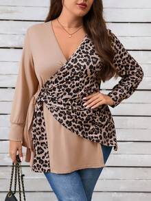 EMERY ROSE Plus Size Women V-Neck Long Sleeve Leopard Patchwork Casual Tie-Front Tunic Top - Khaki - View 3