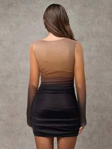 SHEIN BAE Women's Ombre Crew Neck Long Sleeve Ruched Fitted Mini Dress,Dresses For Women Elegant,New Year Dress ,Elegant Party Dresses - Coffee Brown - View 2