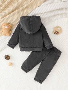 SHEIN Vintaside Kids 2pcs Pink Double-Sided Fleece Cute Bear Embroidered Set - Dark Grey - View 2