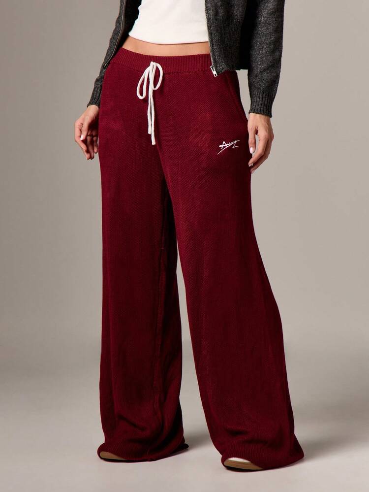 AiiRZ Burgundy Crochet Wide Leg Palazzo Pants With Drawstring Waist For Fall Winter Comfort