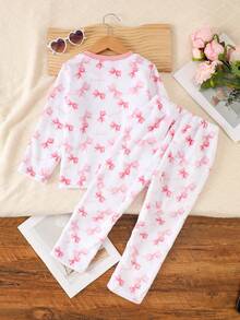 2 pezzi/set Pigiama in flanella per ragazze giovani, top a maniche lunghe e pantaloni con stampa farfalla rosa, abbigliamento da notte caldo e confortevole, adatto per sorelle, stile dolce