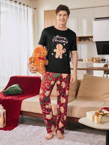 CoupledUp 圣诞姜饼人和圣诞树拐杖糖印花圆领长袖情侣睡衣套装 情侣配套睡衣套装 男士睡衣套装 - 彩色 - 查看 3