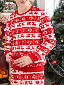 男士圣诞派对驯鹿图案长袖上衣和裤子睡衣套装，节日狂欢红色，冬季服装，蓬松舒适 - 彩色 - 查看 6