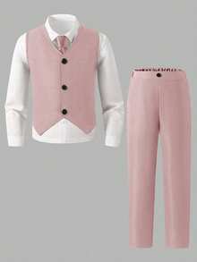 SHEIN 2 件青少年男孩绅士风格服装：无袖背心夹克和长裤，优雅正式礼服，适合生日派对、活动、婚礼、周年纪念、洗礼、毕业典礼