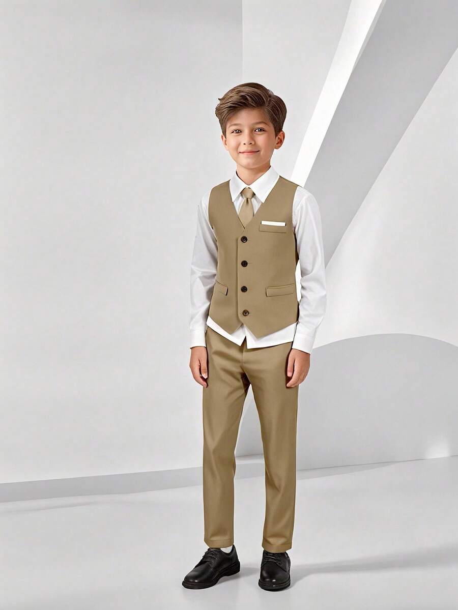 SHEIN Tween Boy Gentleman 2 Pieces Set: Vest With Chest Design + Trousers, No Shirt, No Accessories, Formal Outfit For Birthday Party, Evening Event, Wedding, Christening, Birthday, Wedding, Graduation - Khaki - View 1