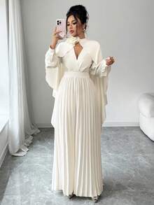 Selianne 女士优雅两件套：高品质披肩领上衣和 3D 花卉阔腿连体裤 - 杏色 - 查看 3