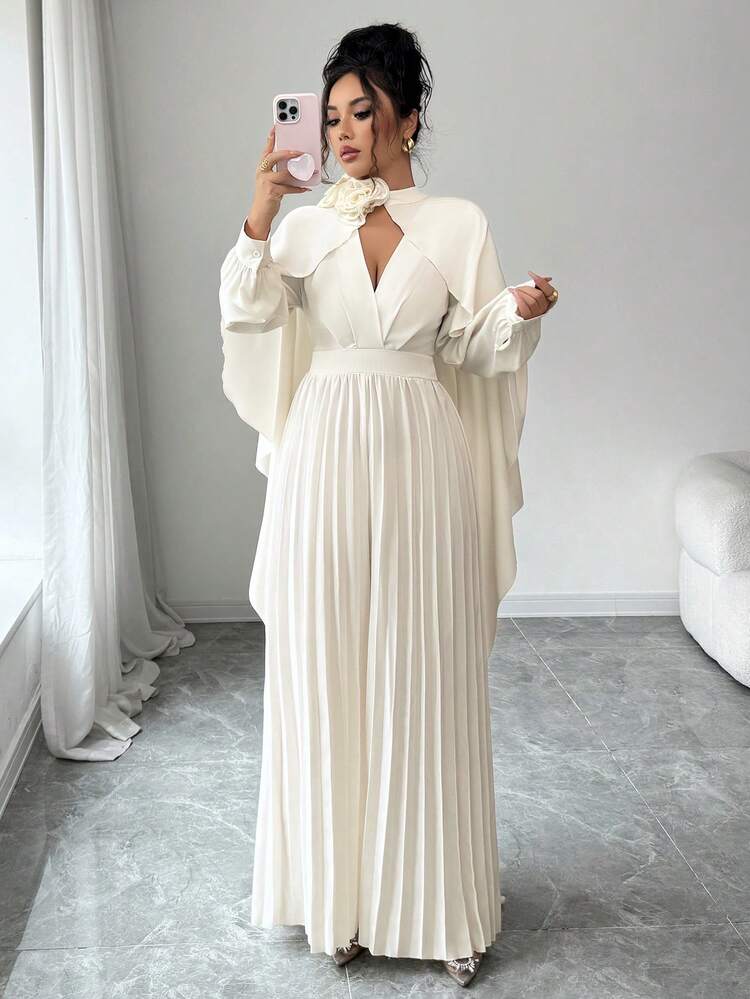 Selianne Bộ 2 món thanh lịch dành cho nữ: Áo cổ lọ cao cấp và quần jumpsuit ống rộng họa tiết hoa 3D - Màu be - Xem 3
