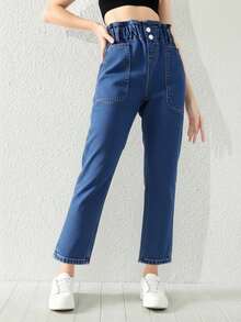 SHEIN 青少年女孩休闲波西米亚风日常中号水洗平底裤腰平口袋卷边妈妈牛仔裤 - 中等水洗藍 - 查看 6