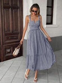 Pariaura 女式 V 领条纹交叉设计连衣裙 - 藍白色 - 查看 4