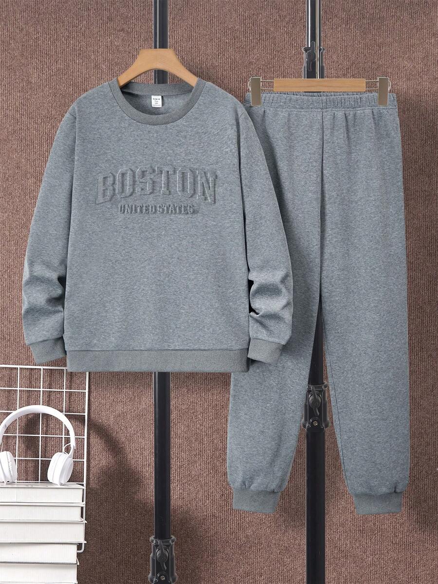 Emboosed Letter Sweatshirt And Sweatpant Set - Dark Grey - View 1