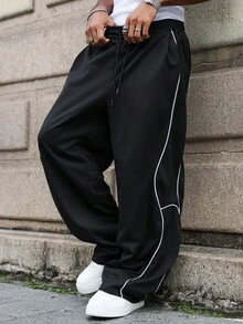 Manfinity Roghcode 男士休闲畅销新款裤子，INS高街嘻哈风格，白色抽绳，黑色面料，适合所有季节和日常搭配，送给男朋友/老公的必备礼物，男士休闲装，Y2K - 黑色 - 查看 7
