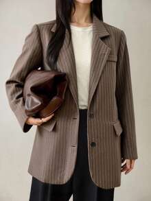 Dazy-Less 女式格子羊毛西装外套，宽松商务休闲办公室通勤夹克，秋冬 - 棕色 - 查看 3