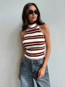 Aloruh Vintage gestreifter Rollkragen Strick Trägerhemd, Sommer, Herbst für Frauen, Damen Winter Pullover, Burgunder Top, schicker Pullover für Frauen, Tops für Ausgehen, Neujahr Frauen, Weihnachten Frauen, Halloween für Frauen, rot-weiß gestreifter Basic Pullunder, ärmelloses Pullover Top, Y2K, Old Money Stil