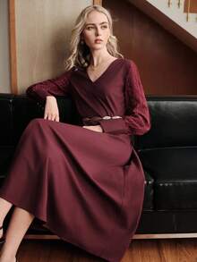 Uhlyne Thời trang nữ Thiết kế chắp vá sang trọng Kiểu Pháp nhẹ nhàng Đi làm, Dự tiệc, Đầm hẹn hò - Màu Đỏ Sâu - Xem 3