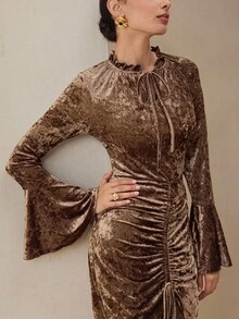 Graceveil Women's Mocha Brown Velvet Ruffle Collar Tie Waist Flare Long Sleeve Dress - Mocha Brown - View 4