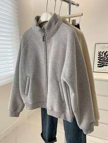 Franclia 女式休闲纯色羊毛运动衫 - 灰色 - 查看 3