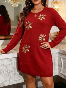 EMERY ROSE 大码女式纯色针织圆领亮片刺绣休闲优雅毛衣裙，适合圣诞节、万圣节、返校、浪漫度假、办公室穿着 - 紅色 - 查看 5