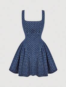 SHEIN MOD 女式方领荷叶边下摆无袖牛仔连衣裙 - 深色水洗藍 - 查看 5